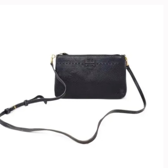 Tory Burch Womens Leather Logo Embellished Flat Small Crossbody Handbag Black - Picture 2 of 12